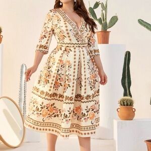 SHEIN Beige Floral V-Neck Midi Dress